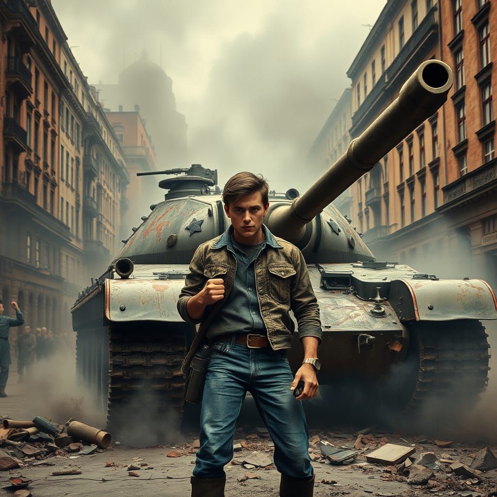 Hungarian Revolutionary Confronts Tank in Budapest, 1956