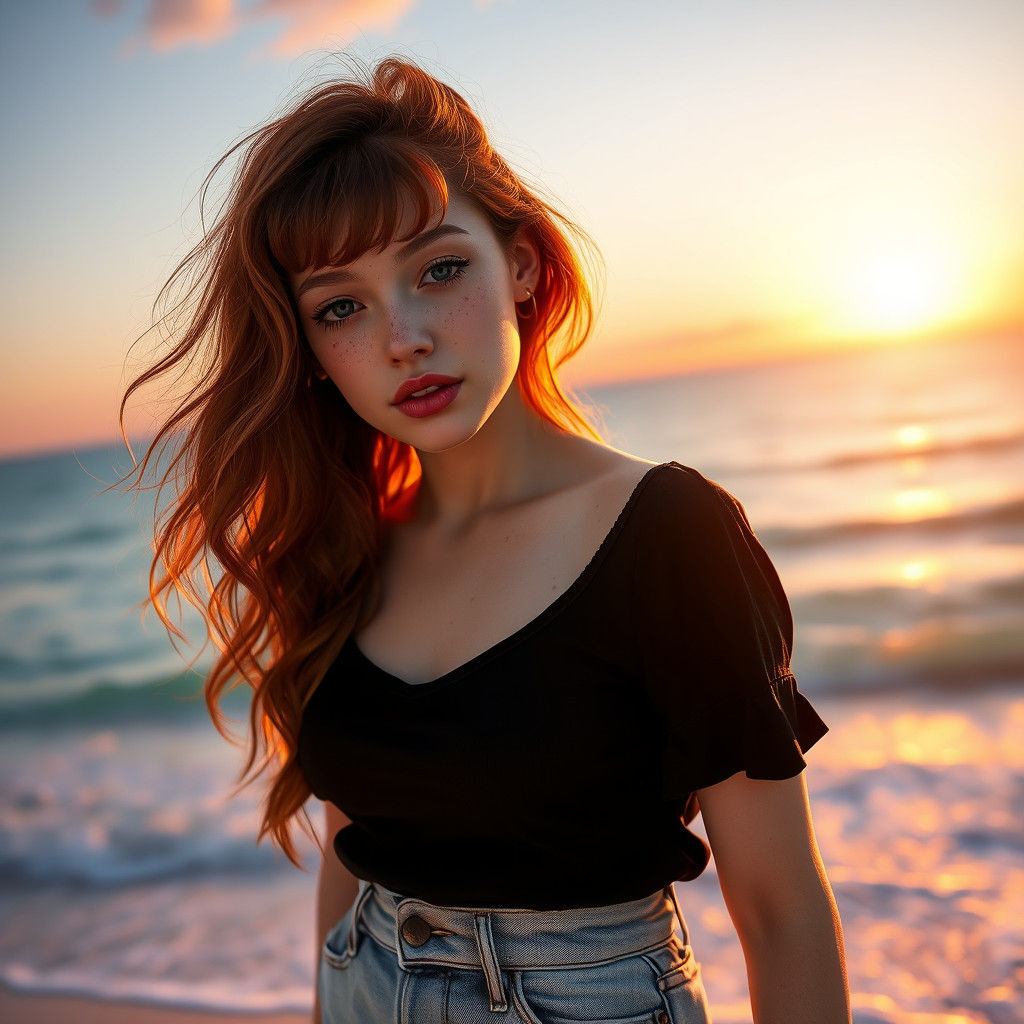 Red-Haired Maiden on Beach at Sunset, Detailed Matte Paintin...