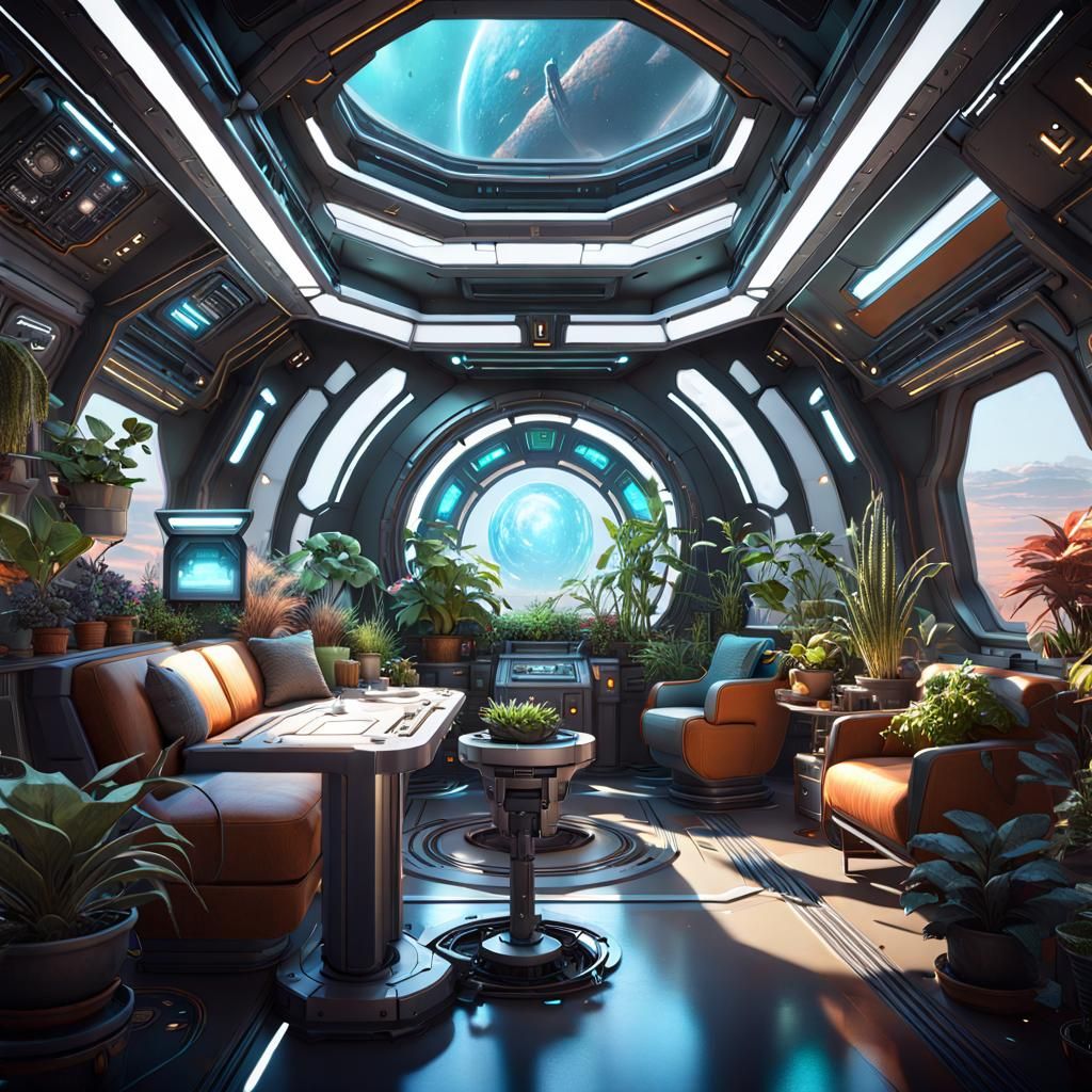 Lounge in Spaceship with Robot and Space View