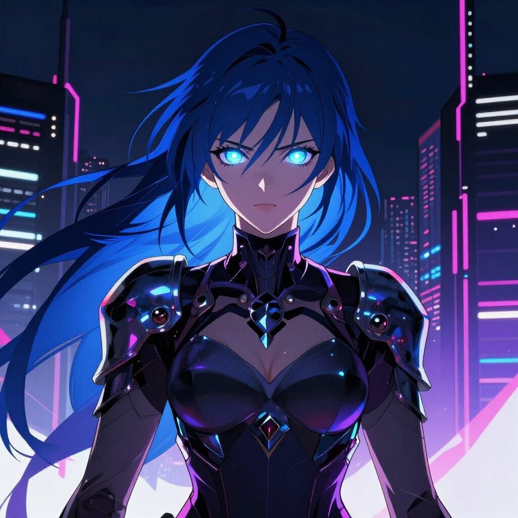 Ethereal Warrior in Neon Cityscape Anime Style