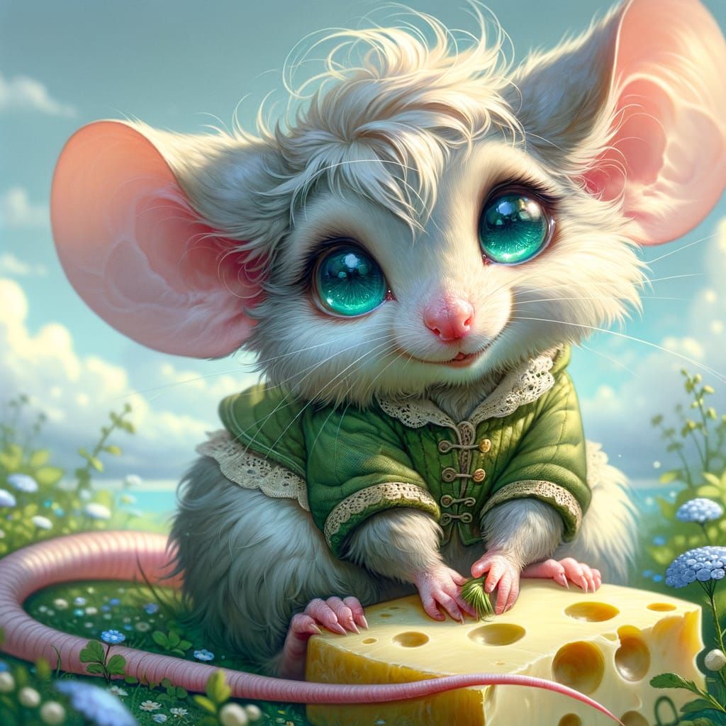 Whimsical Mouse Surrounded by Cheese in a Dreamy Landscape