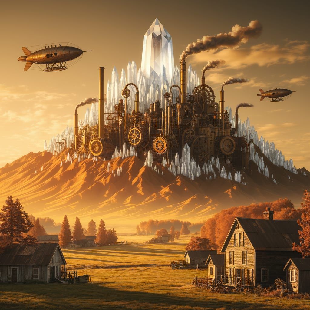 Steampunk City on Crystal Mountain in Golden Light