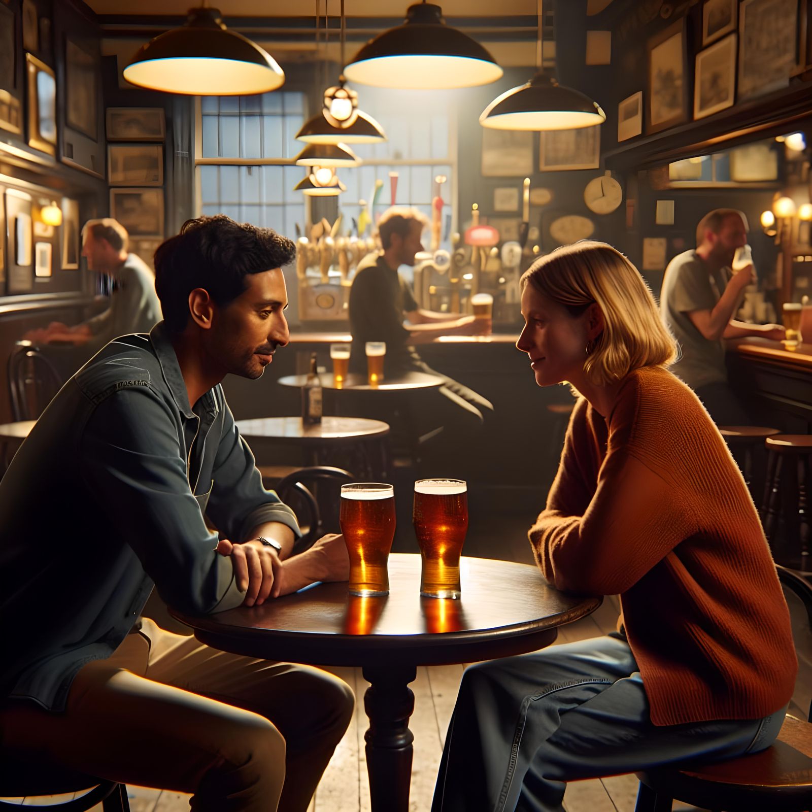 Cozy Pub Evening: Deep Conversation Over Drinks