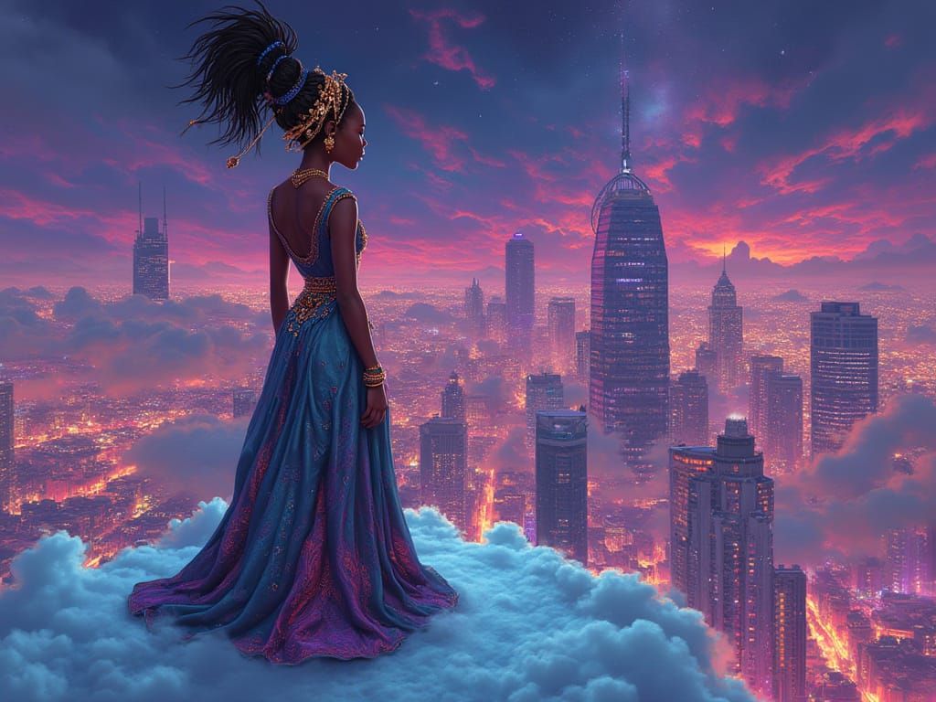 Yoruba Princess Over Neon Cityscape in Afrofuturism