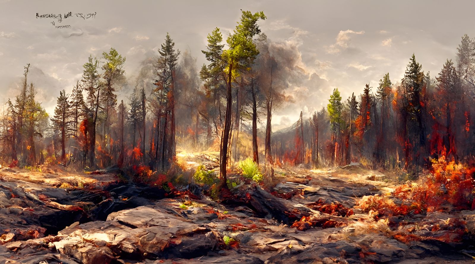 Forest Fire Painting in Landscape Vista Photography Style
