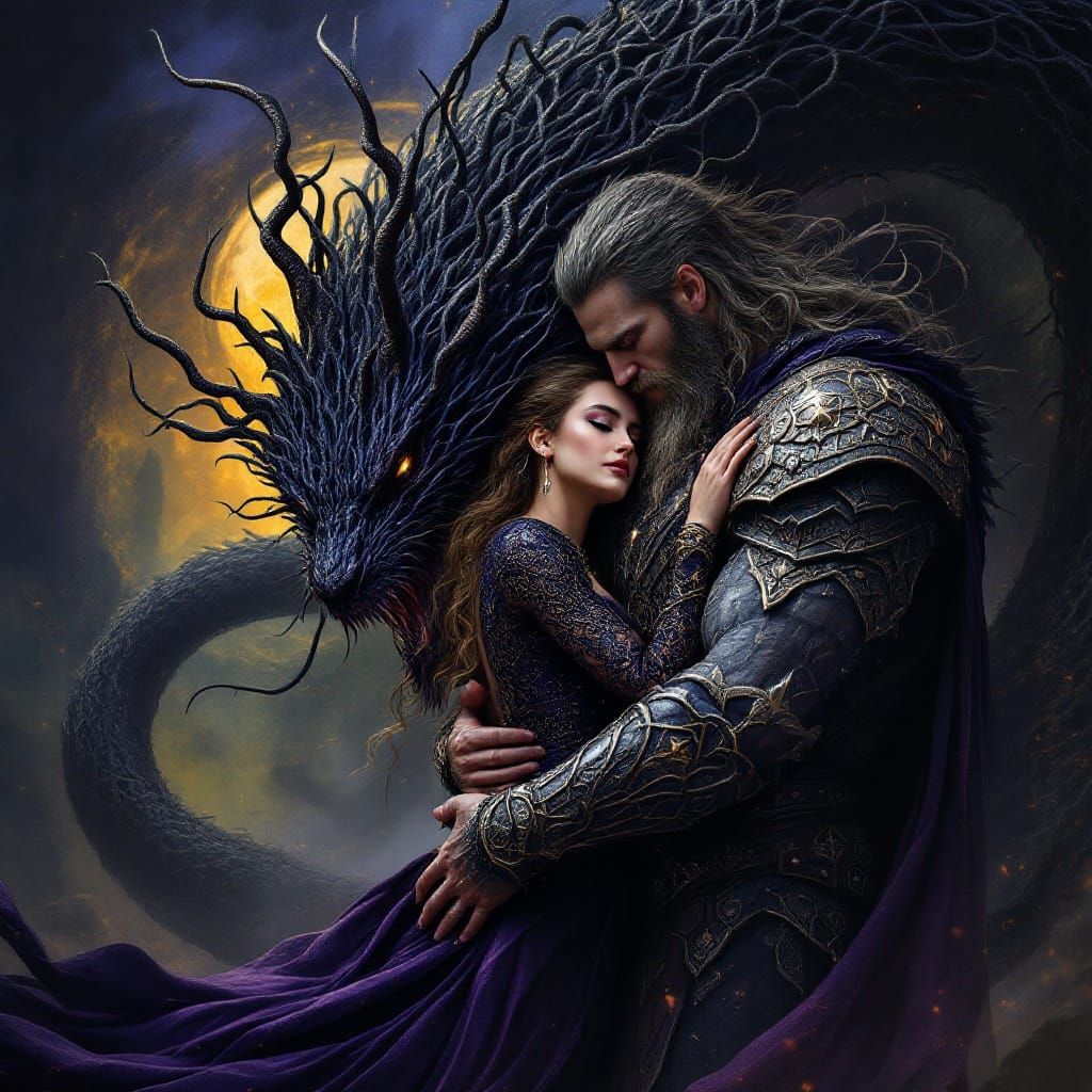 Dark Fantasy Odin Embracing Freya with Jörmungandr in the Sh...