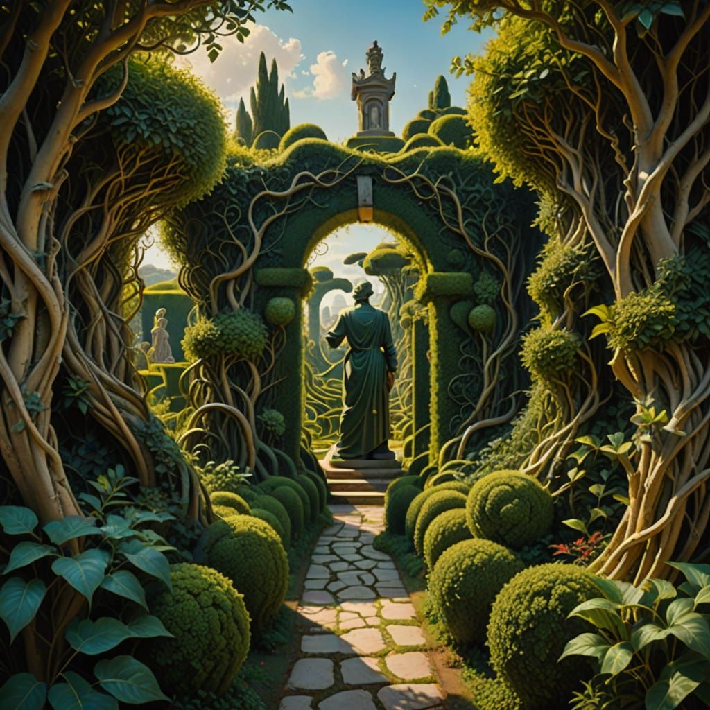 Surreal Hedge Maze with Hidden Statues as Oil Painting