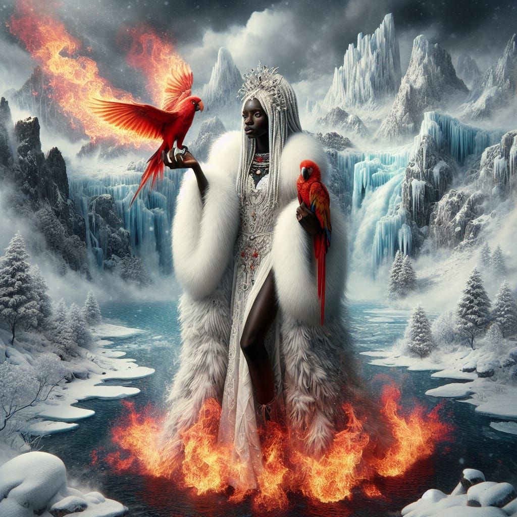Winter Witch on Snowy Mountain in Fantasy Art Style