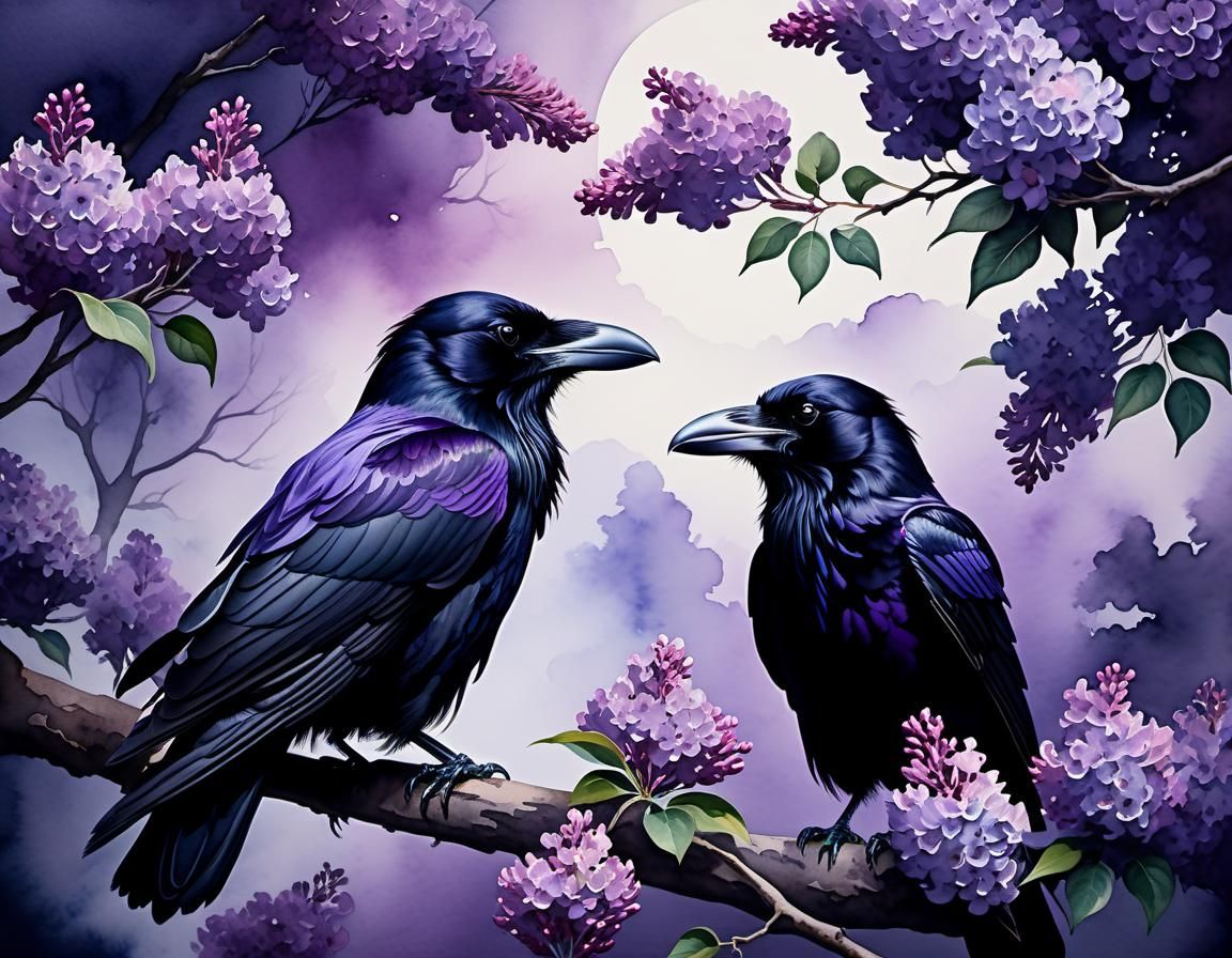 Ravens in Lilac Tree, Moody Watercolor