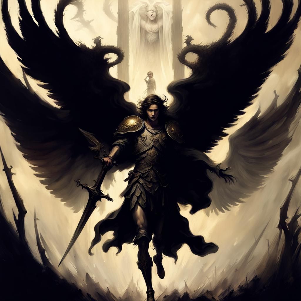 Archangel Michael vs Devil in Inksplatter Style