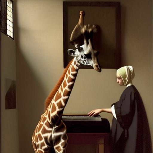 Giraffe Plays Virginals as Vermeer Oil Painting