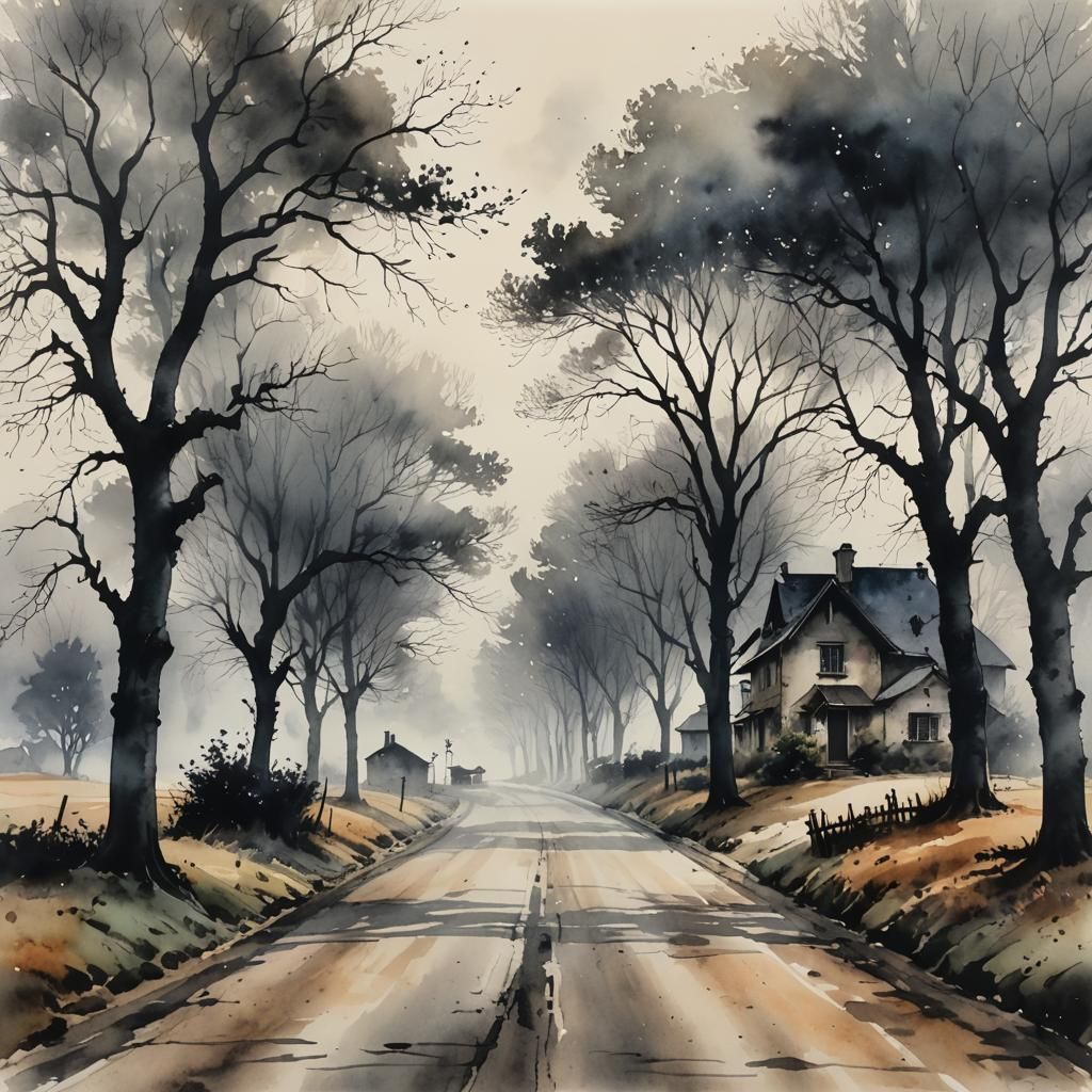 Watercolor Painting of Smoky Village Road