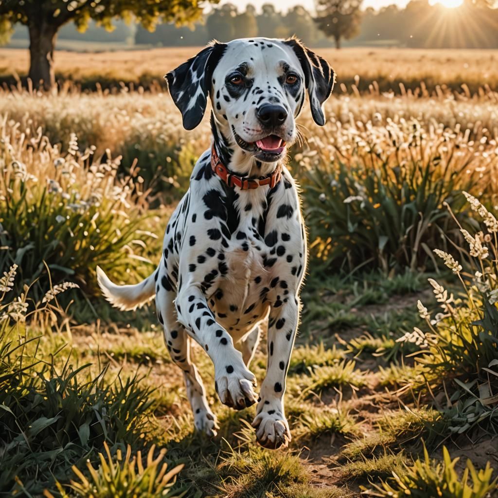 Dalmatian Dog Running in Sun-Drenched Field