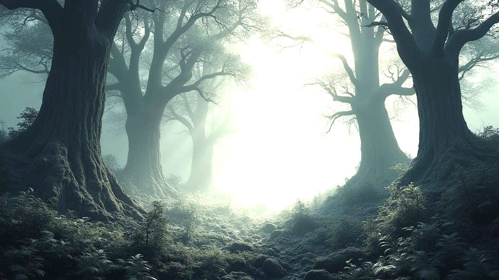 Majestic Charcoal Forest Landscape with Gnarled Trees and Dr...