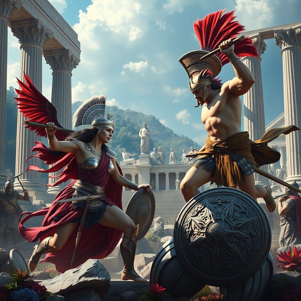 Epic Clash of Athena and Ares in Ancient Greek Fantasy Lands...