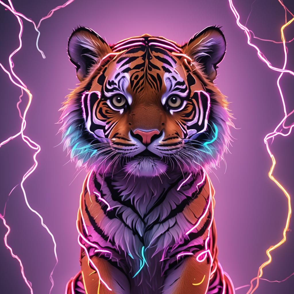Cute Tiger Shines in Neon Lights