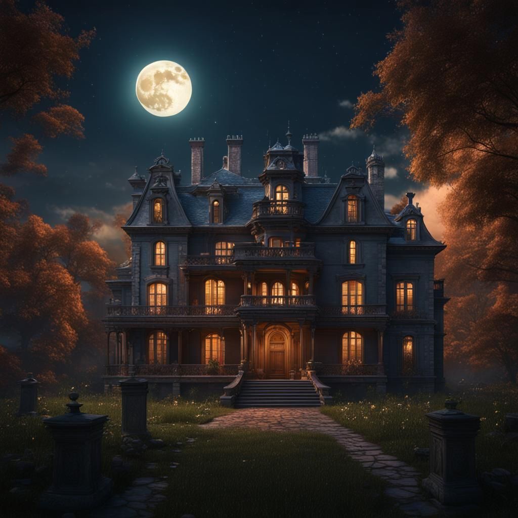 Full Moon Rising Behind Country Mansion in Matte Painting