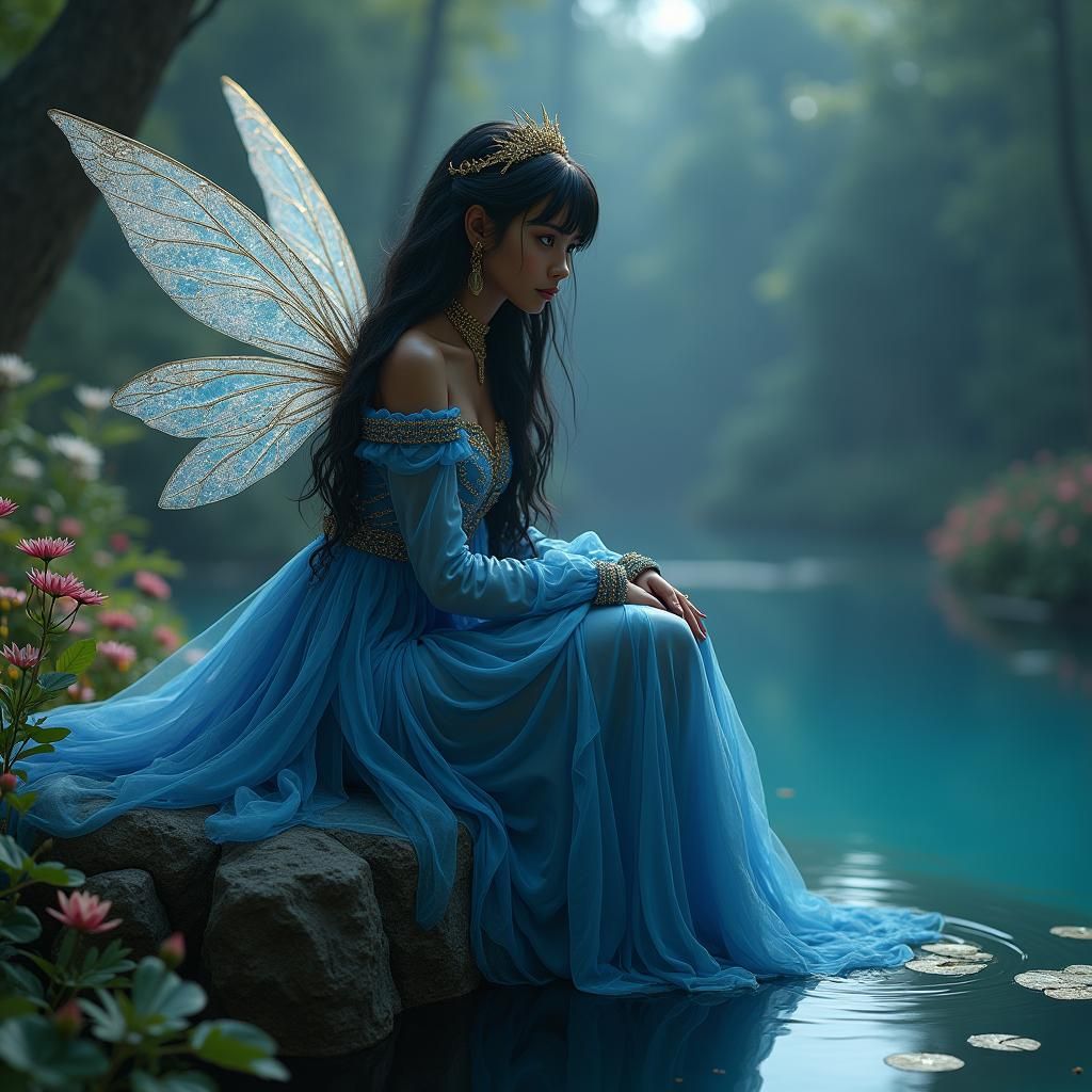 Dark-Skinned Fairy in Blue Gown by Forest Pond