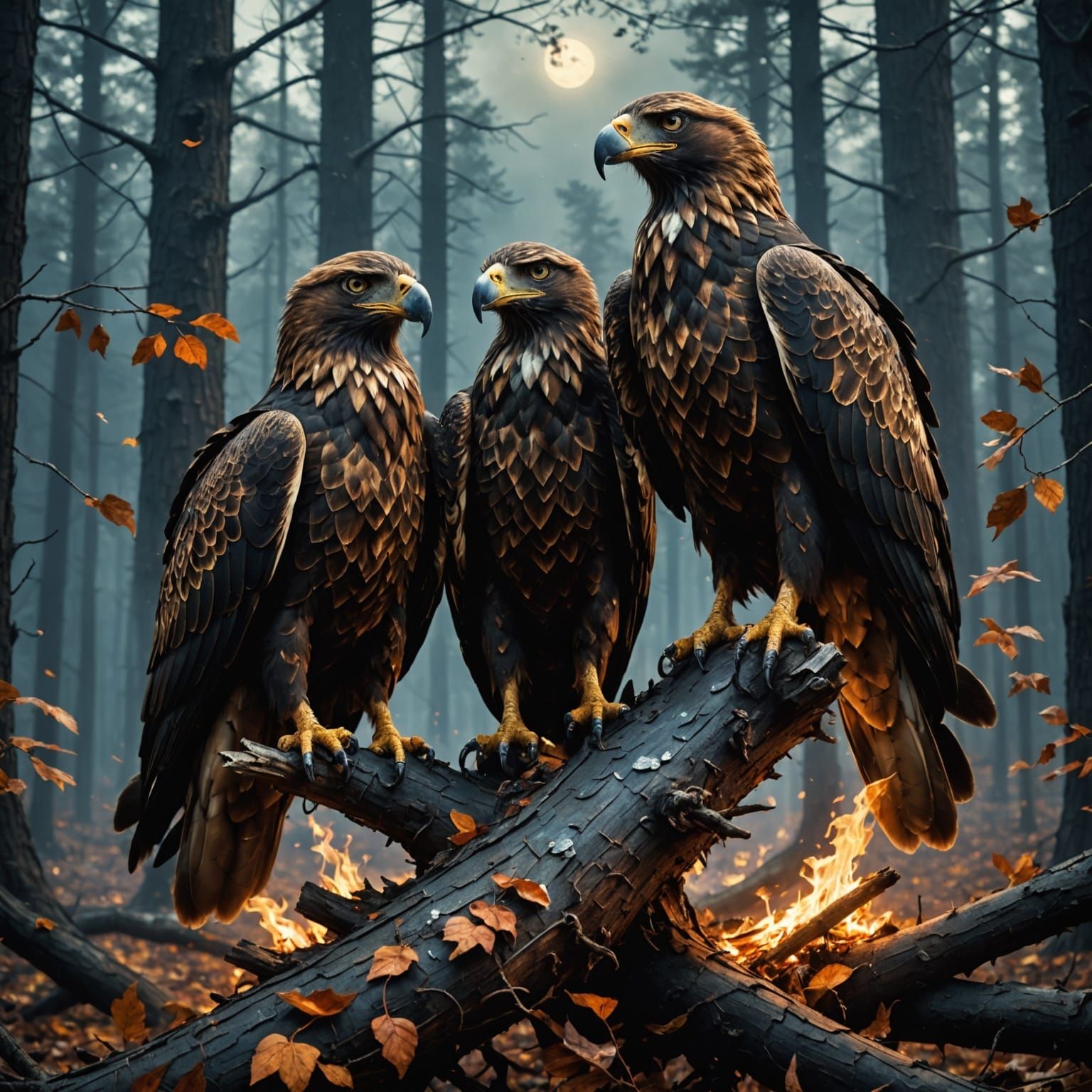 Two-Headed Metal Eagle in Forest Fire: Digital Matte Paintin...