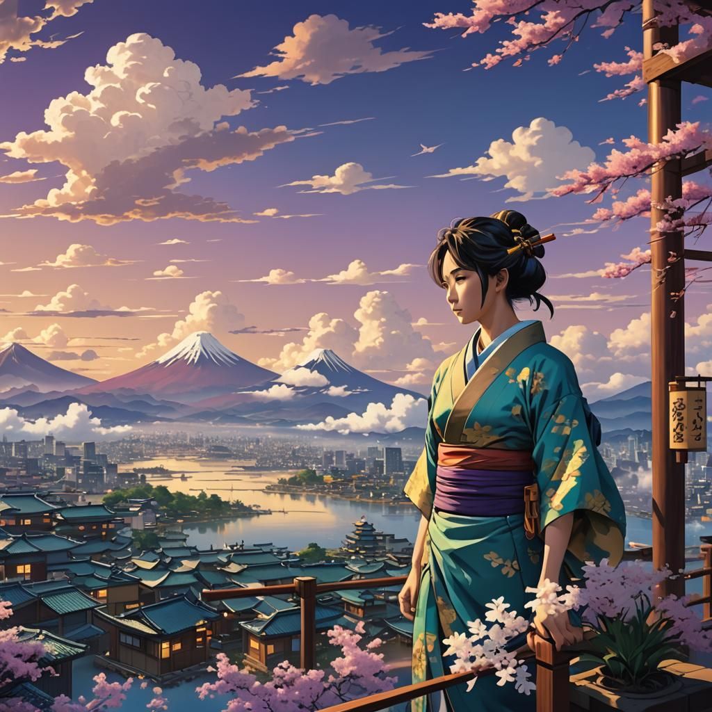 Ukiyo-e Image with Golden Lighting and Teal Hues