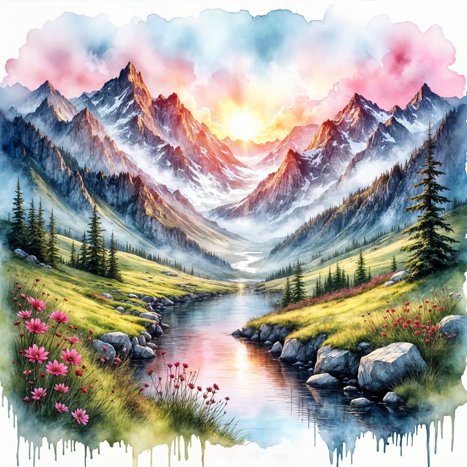 Majestic Alps at Dawn in Ink Crosshatching Style