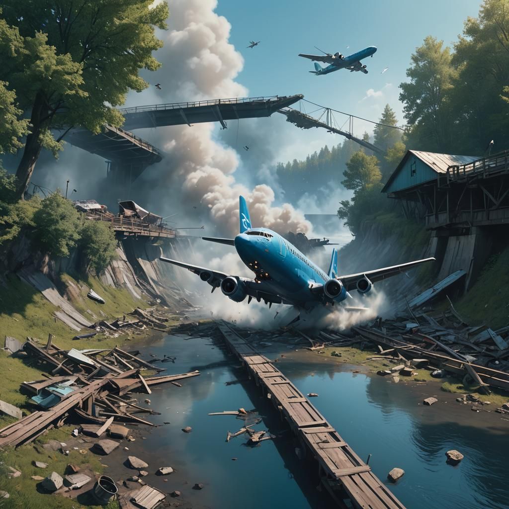 Plane Crash Beside Serene River: Matte Painting