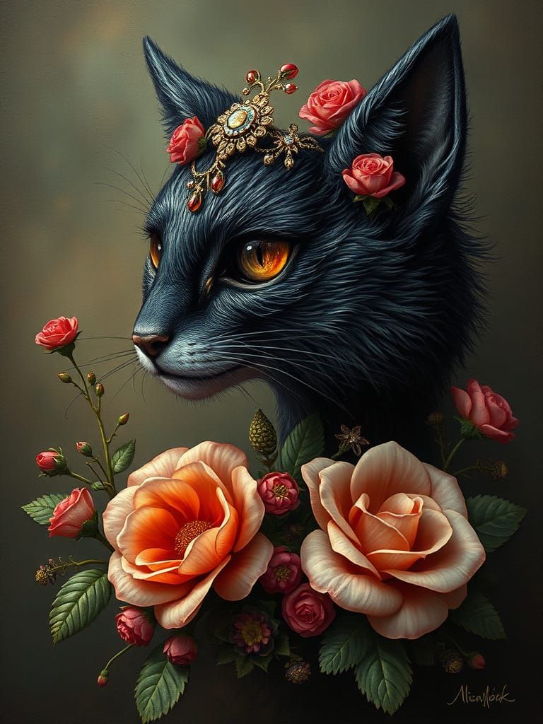 Goddess in Raspberry Grove with Cat, in Surreal Style