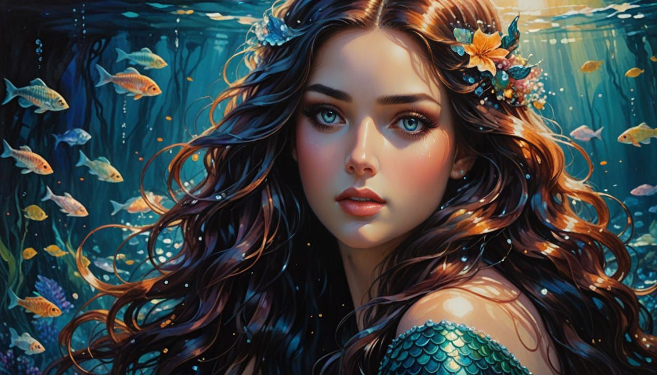 Sensual Mermaid in Moonlit Oil Painting