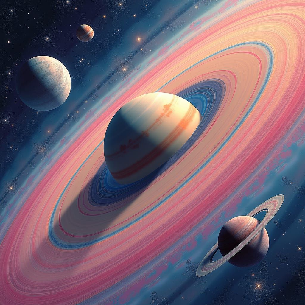 Surreal Cosmic Landscape with Saturn's Moons in Gingham Patt...