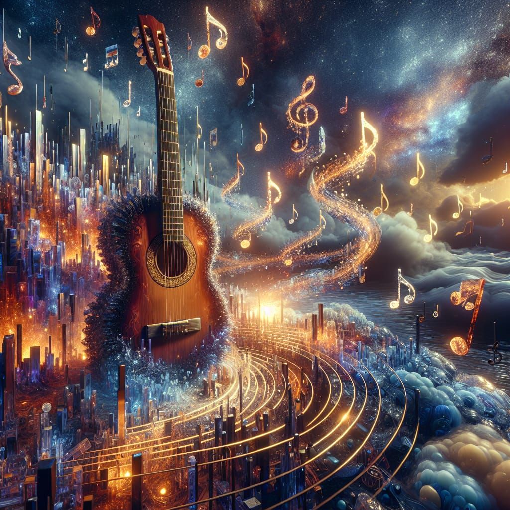 Crystal Music Notes Dance Around Guitar: Digital Matte Paint...