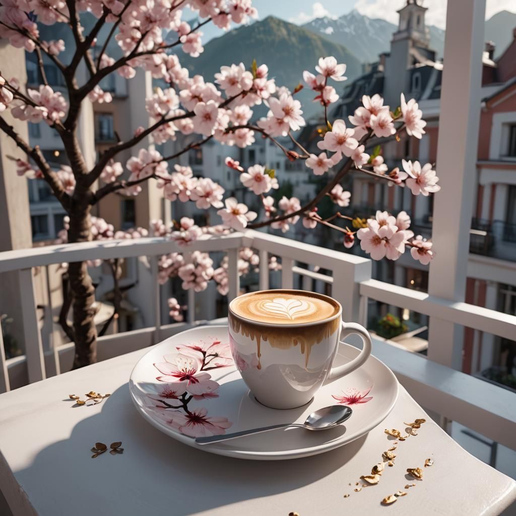 Cherry Blossom Latte Art: Detailed Digital Painting