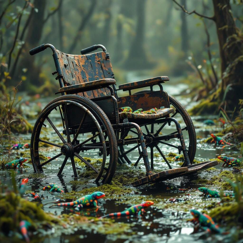 Swamp Wheelchair with Lizards in Dark Whimsical Style