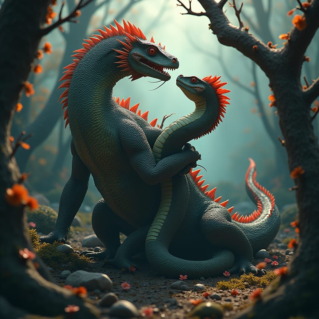 Komodo Dragon and Snake in Mystical Dance