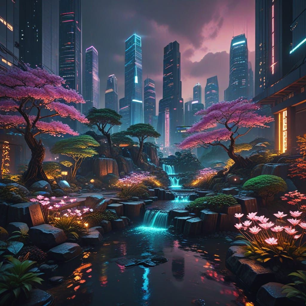 Zen Garden Contrasts Cyberpunk Cityscape