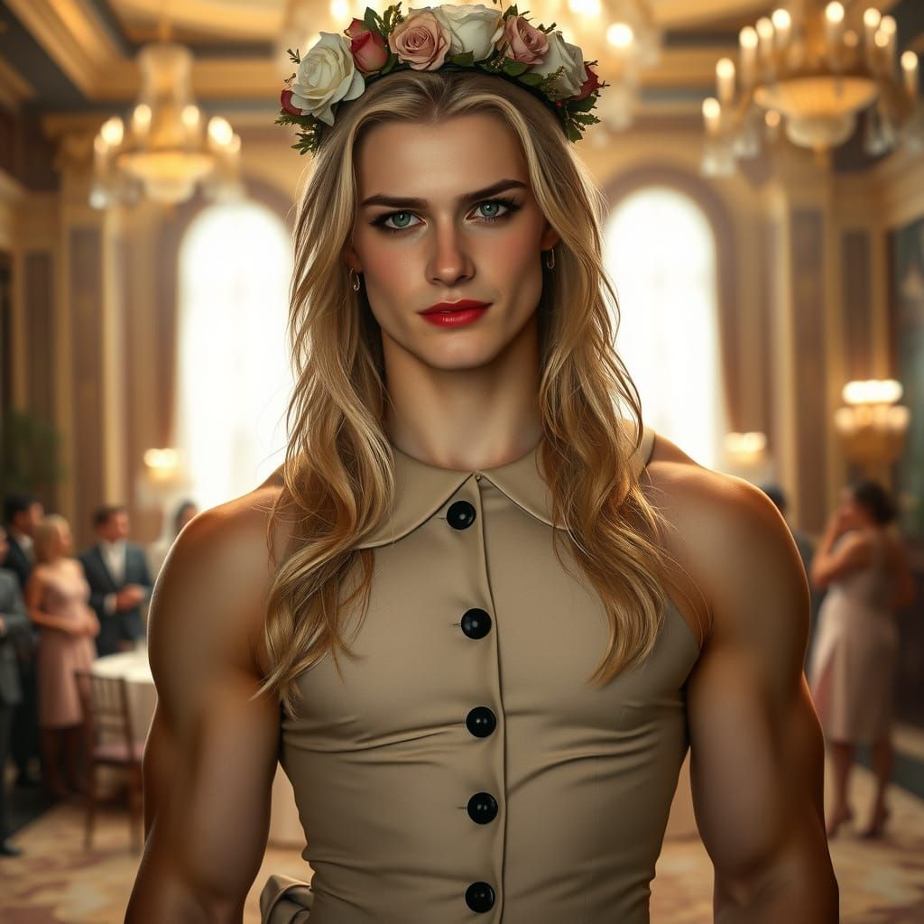 Muscular Man in Peter Pan Dress with Wedding Crown