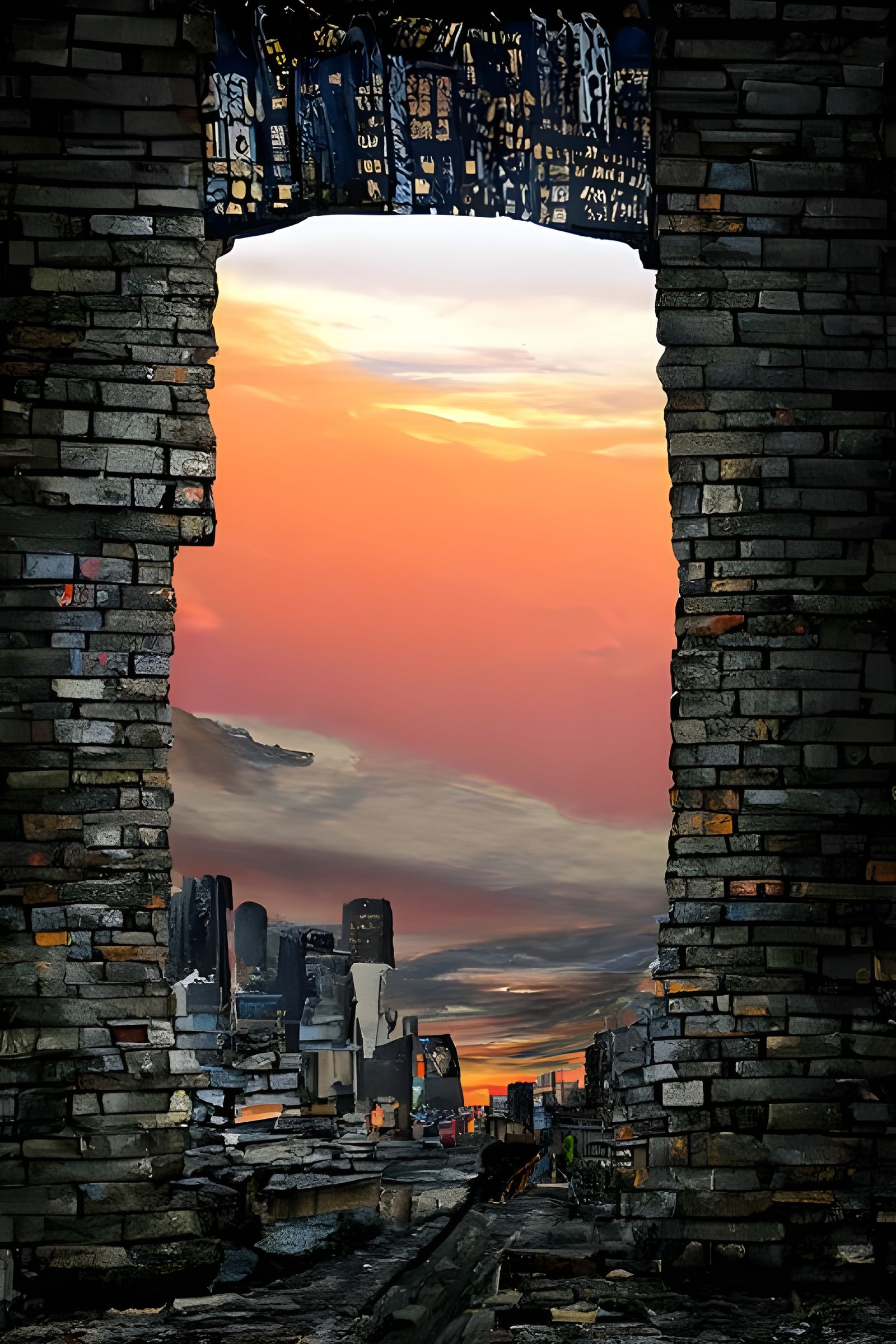Sci-Fi City Sunset Through Broken Wall