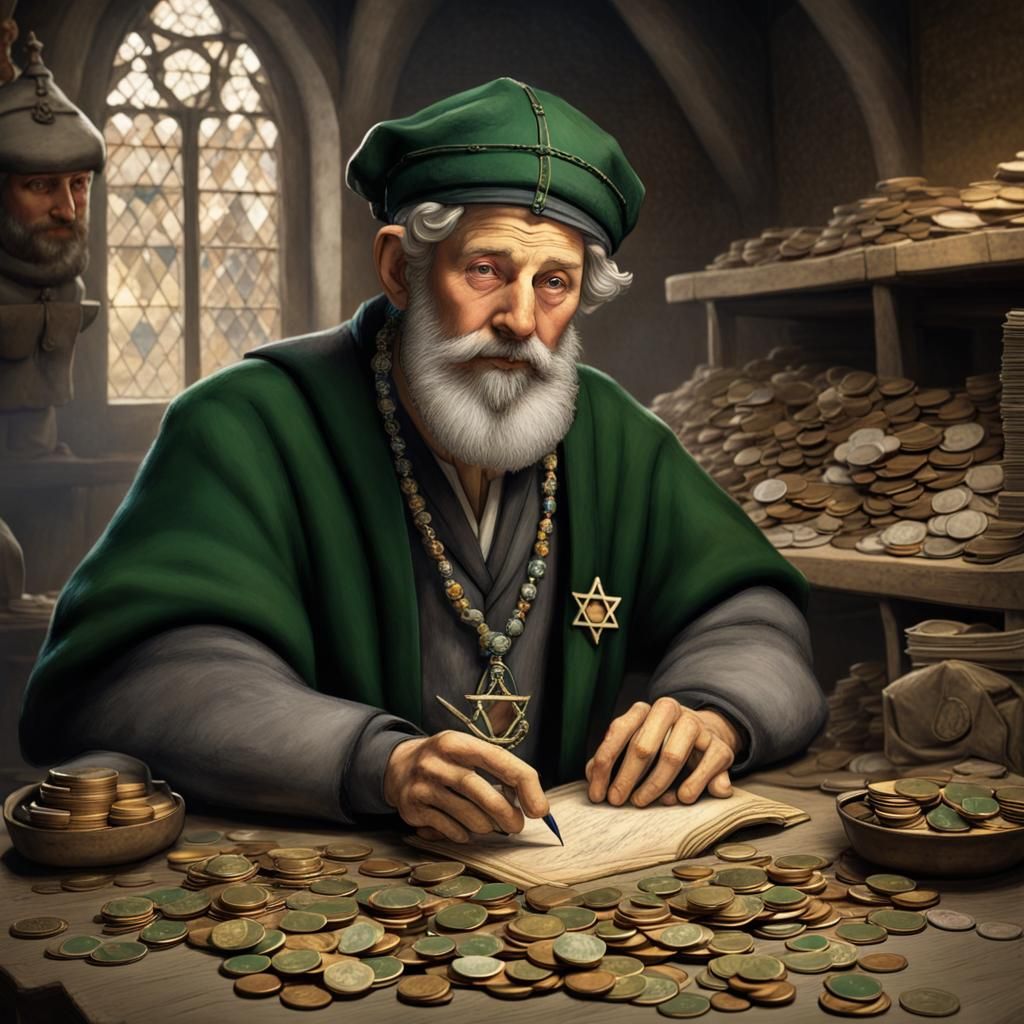 Medieval Jewish Shop Owner with Coins and Accounts