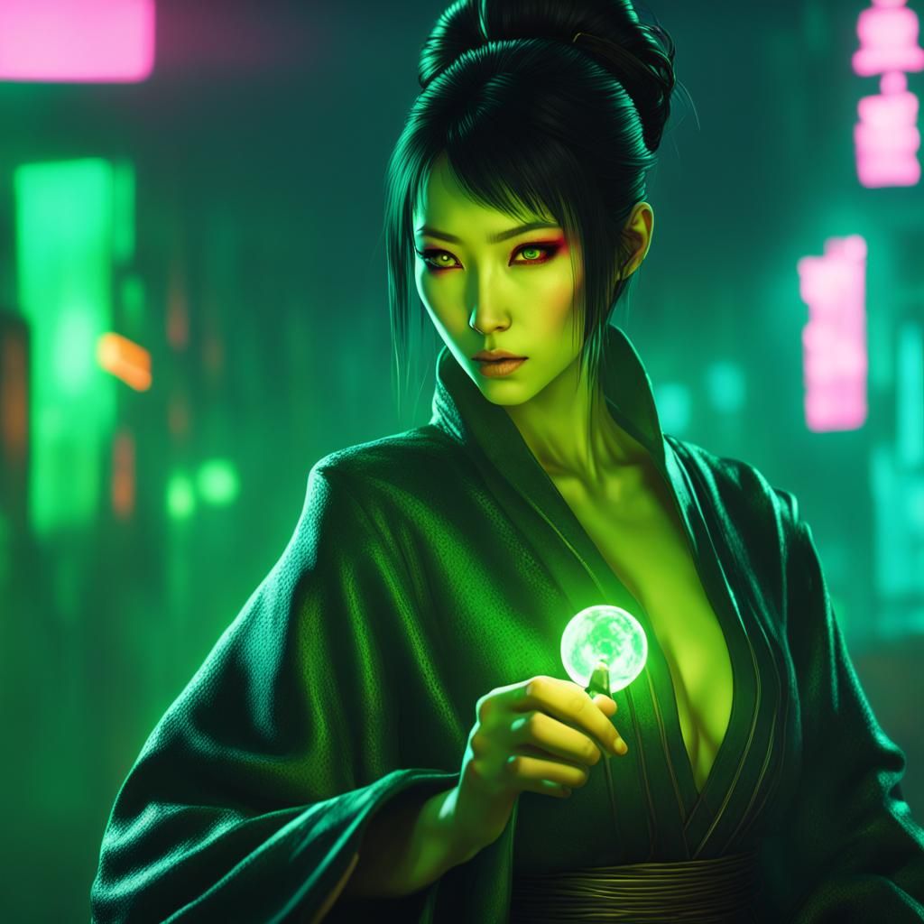 Asian Sorceress Casting Love Spell in Cyberpunk Style
