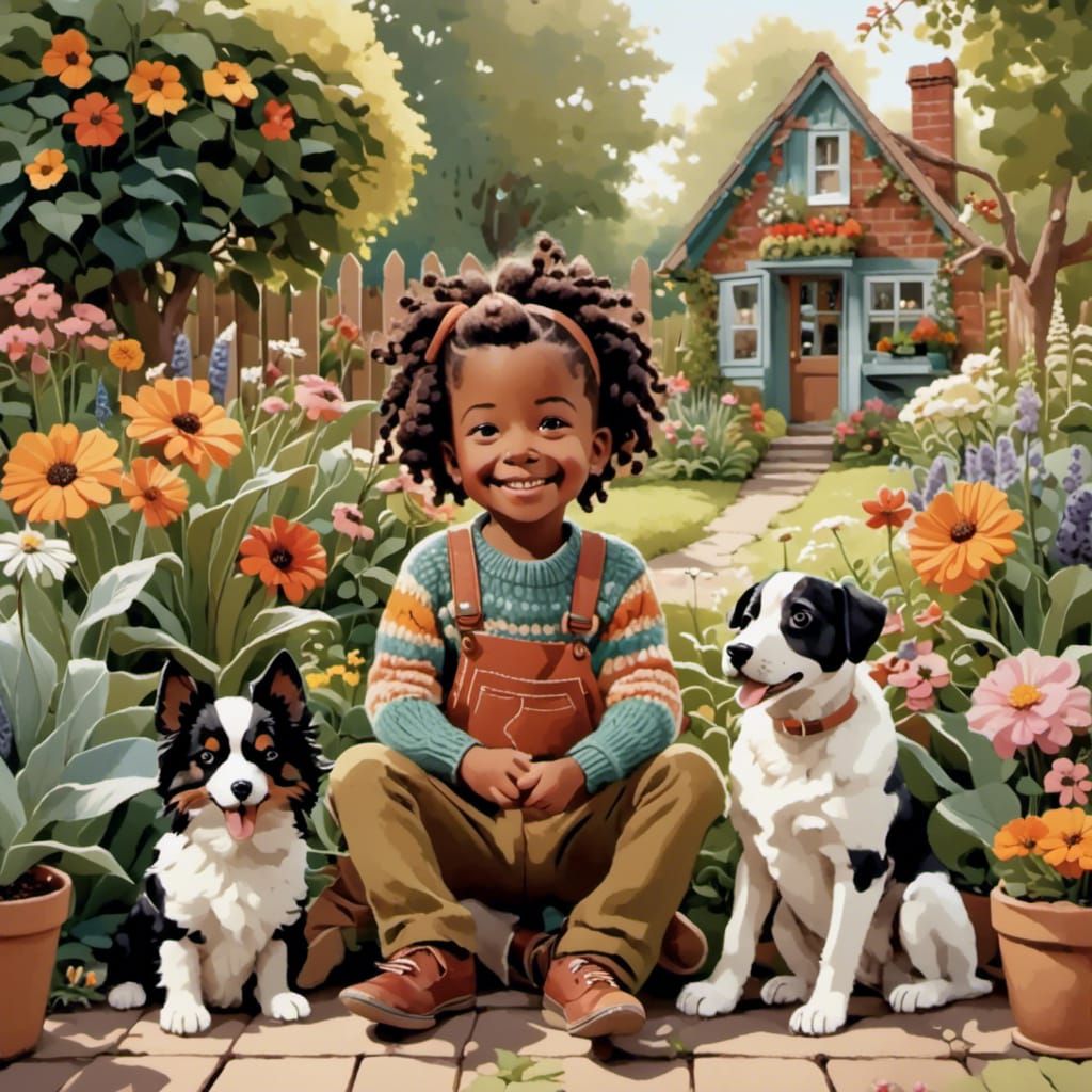 Smiling Toddler with Dogs