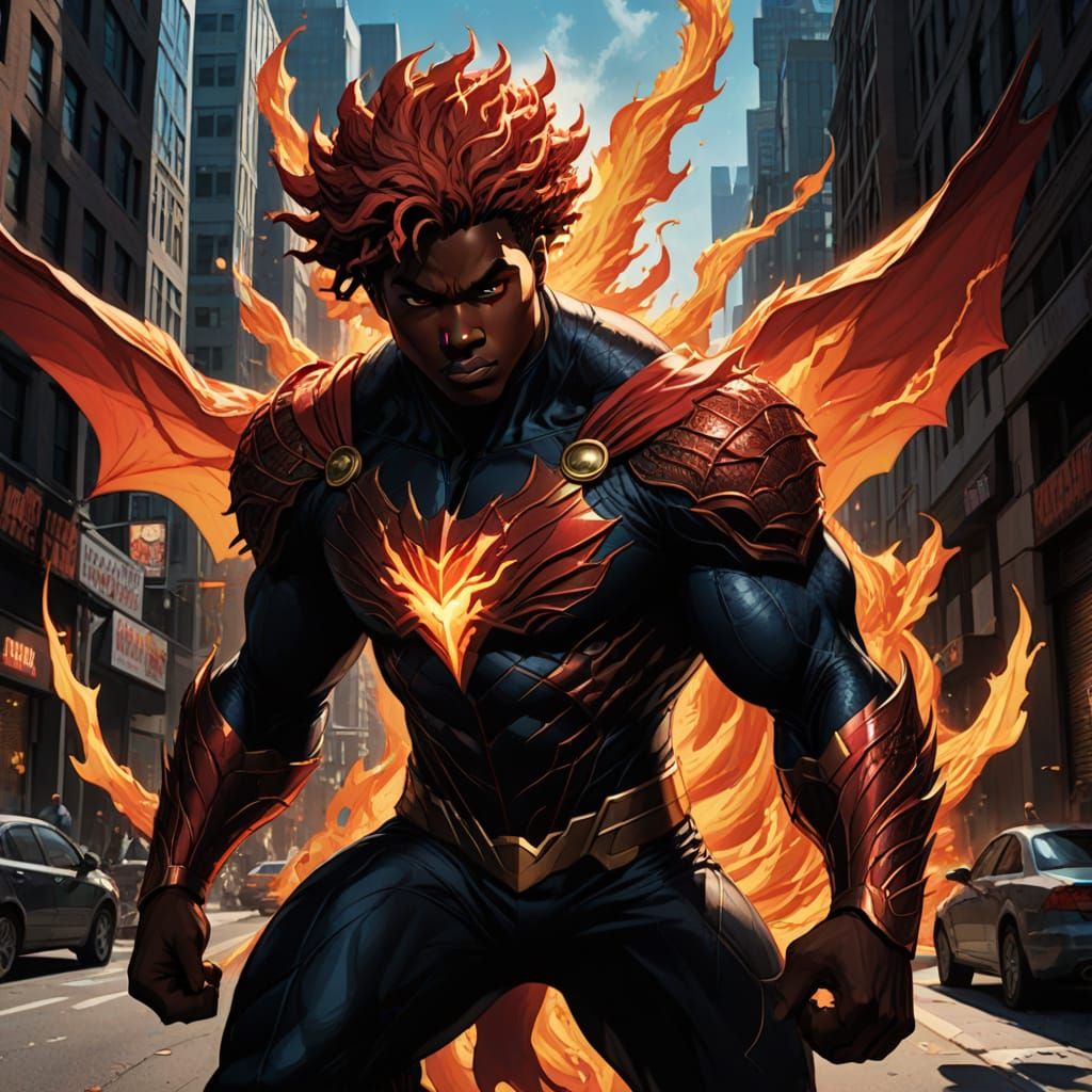 Heroic Black Teenage Fire Dragon Superhero Stands Tall in Ci...