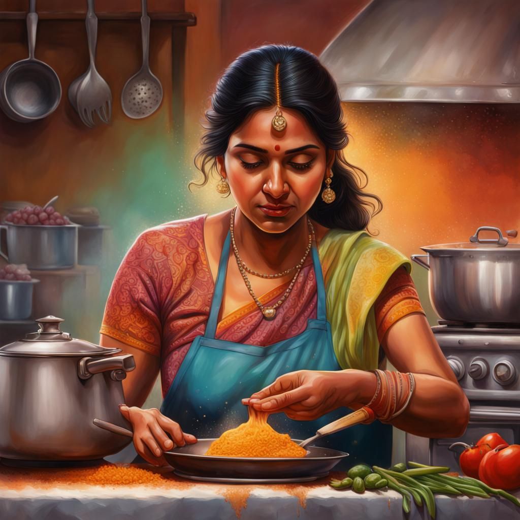 Hyperrealistic Indian Woman Cooking: Splash Art