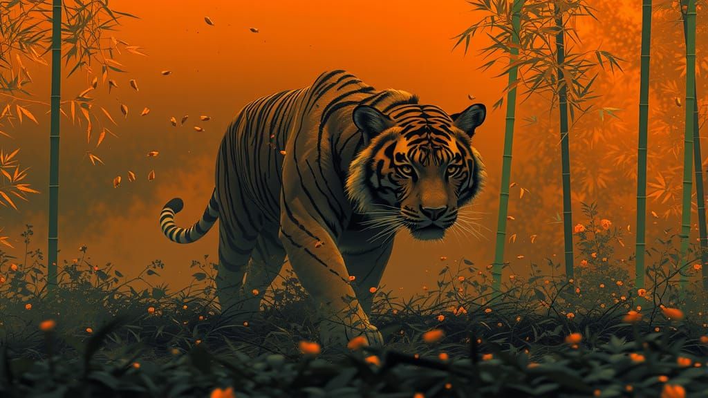 Majestic Tiger Stalks Bamboo Forest