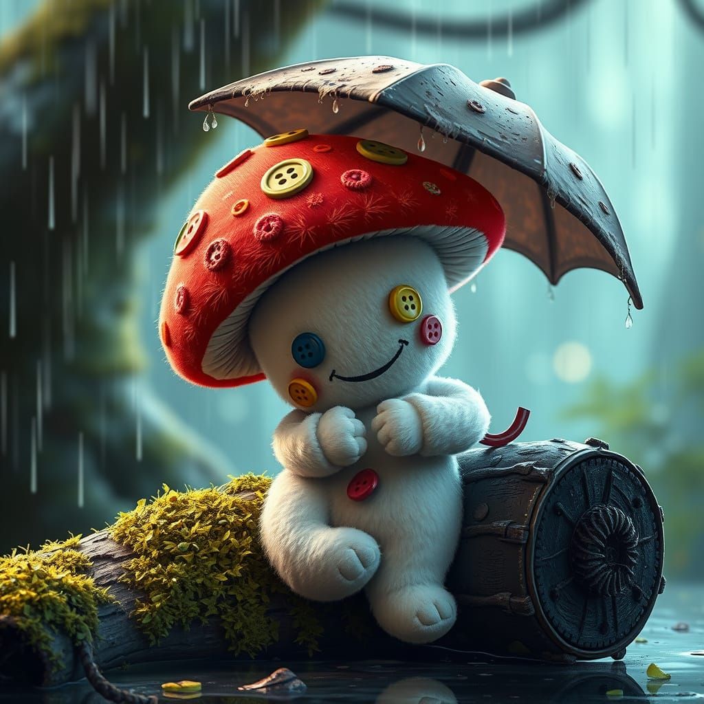 Mushroom Plush Toy in Grungy Post-Apocalyptic Scene