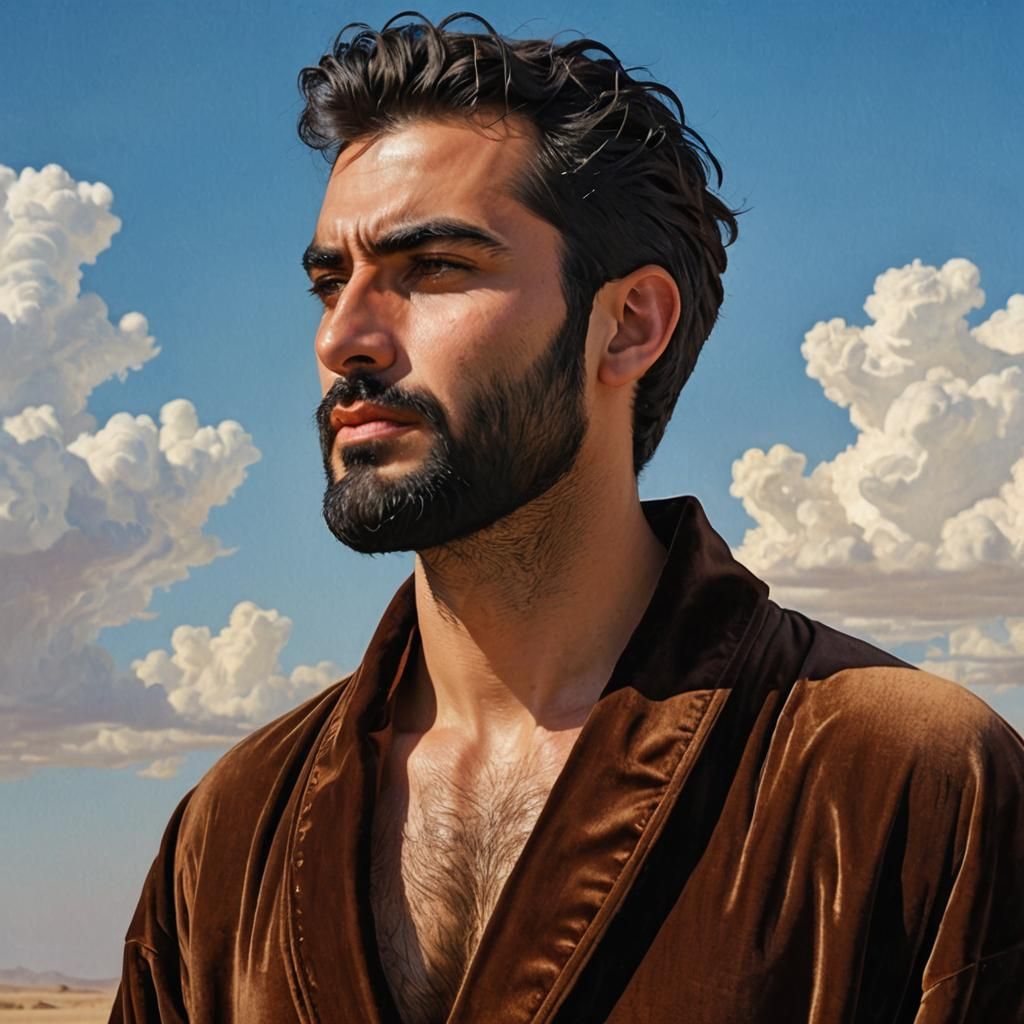 Bearded Man in Brown Velvet Robe, Impasto Painting