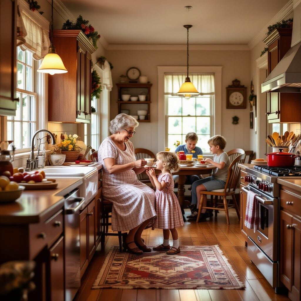Nostalgic Family Scene in Folk Art Style
