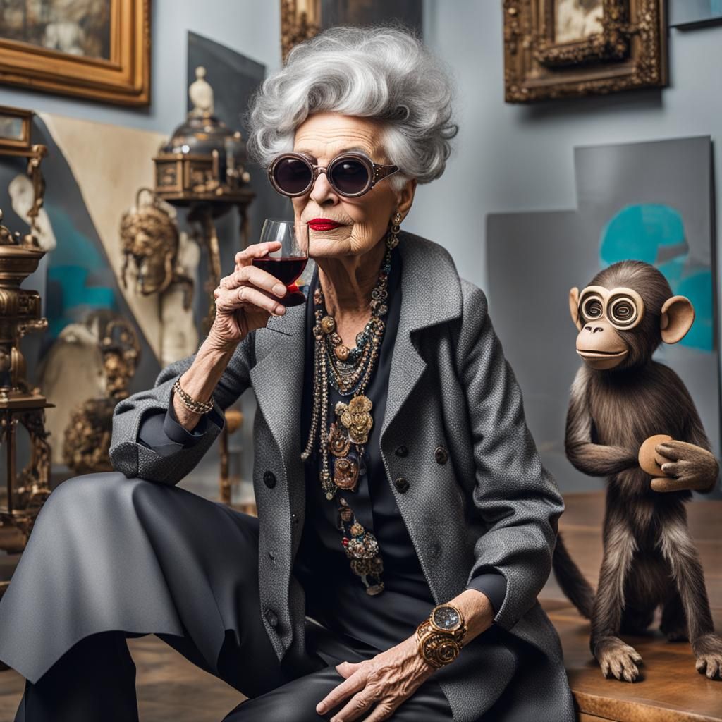 Stylish Woman in Art Gallery with Steampunk Engine