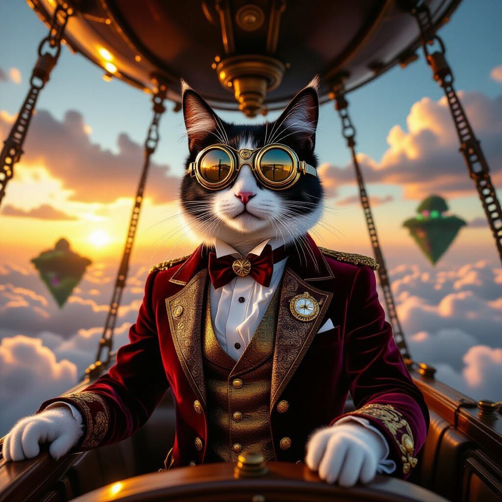 Steampunk Cat Captain Navigates Airship Among Floating Islan...