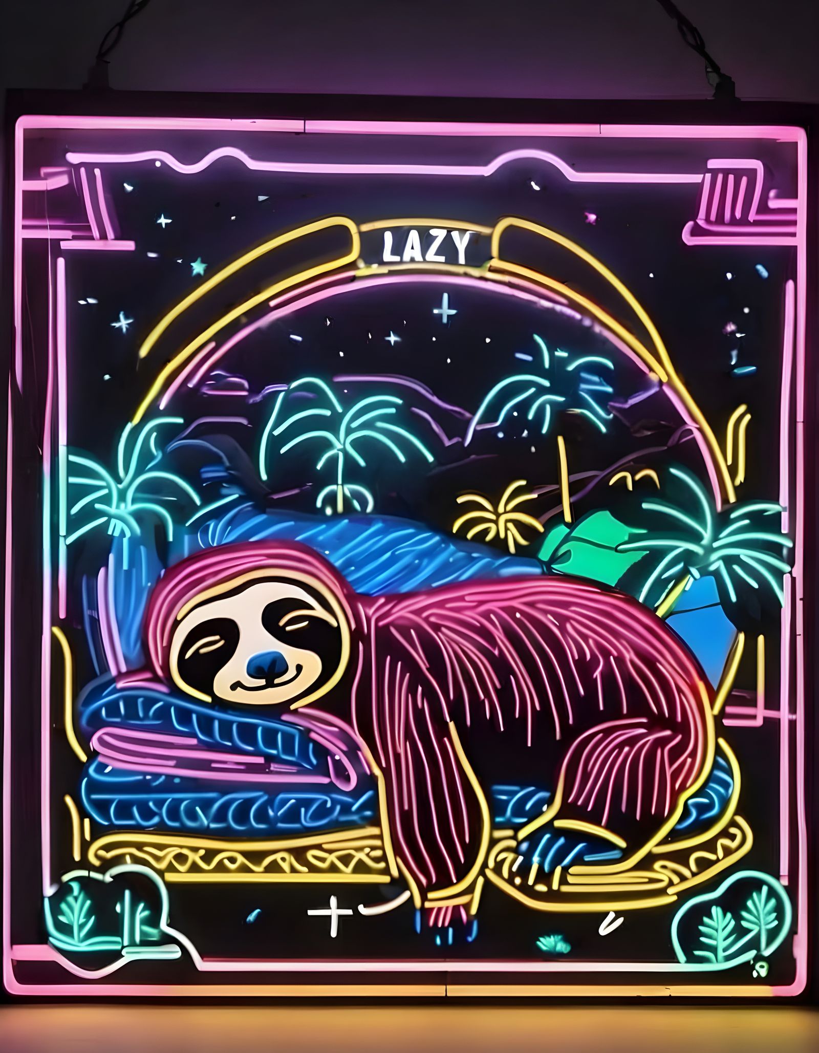Sloth Slumbers Beneath Vibrant LAZY Neon Sign