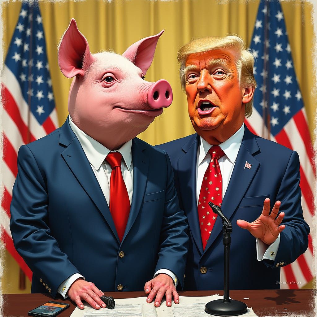 Satirical Portrait of Donald Trump and a Suited Pig in Press...