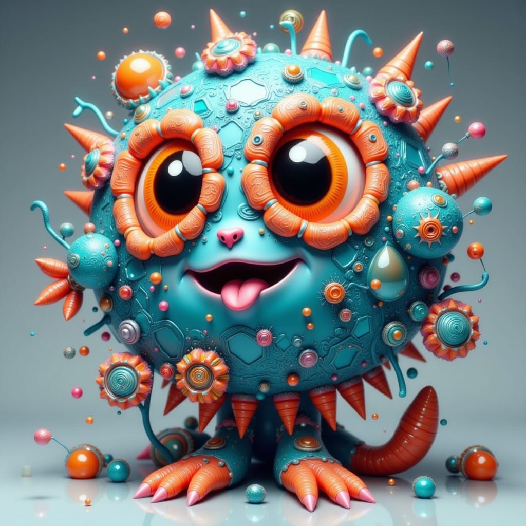 Whimsical Blue Orange Gingham Berry Monster in Hyper-Realist...